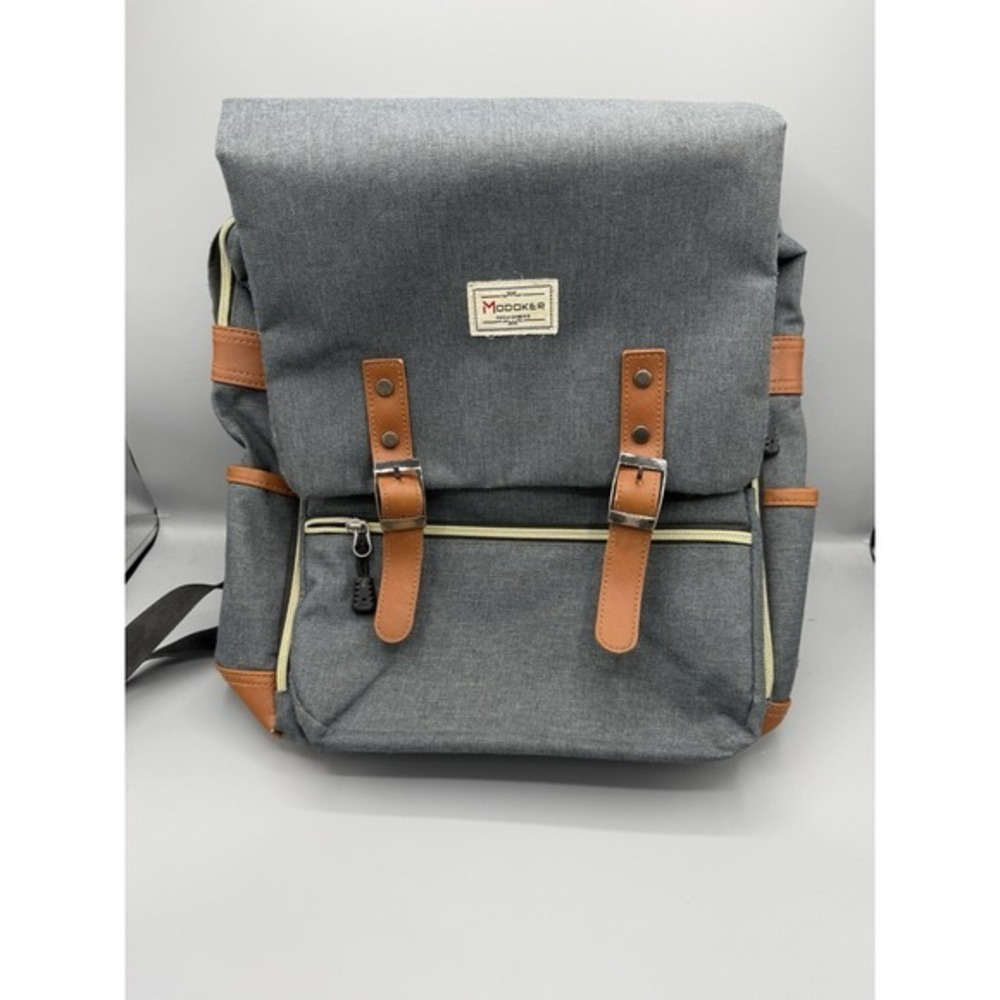 Modoker vintage-style Gray Canvas Laptop Backpack‎  with faux leather straps